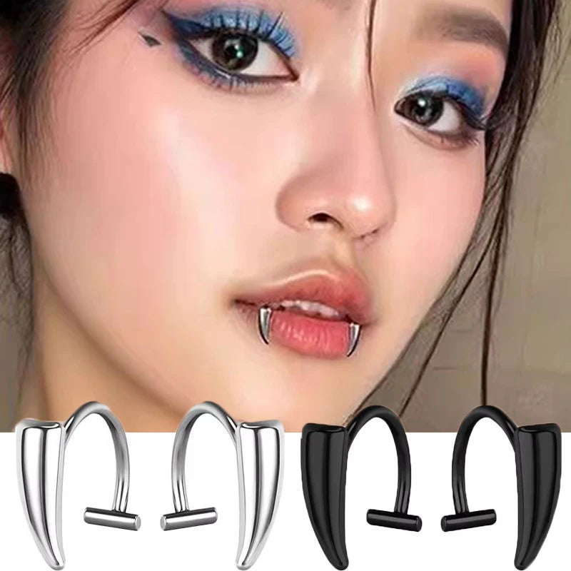 Stainless Steel Personalised Sharp Teeth Fake Piercing Lip Ring Punk Exaggerated Jewelry for Women Gothic Face Jewelry Decor
