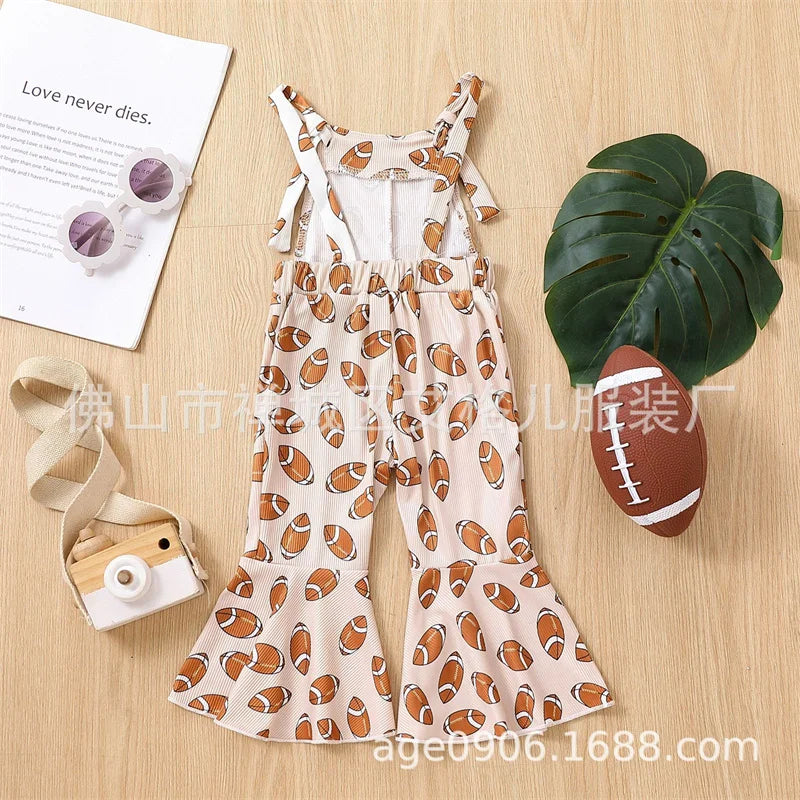 Summer Children Girls Rugby Printed Suspender Fashionable Flared Pants Kids Backless  Jumpsuit
