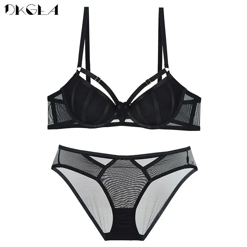 Bandage Push Up Bra Panties Sets Thick Padded Brassiere Fashion Black Deep V Sexy Underwear Set Women Plus Size D Cup Lingerie