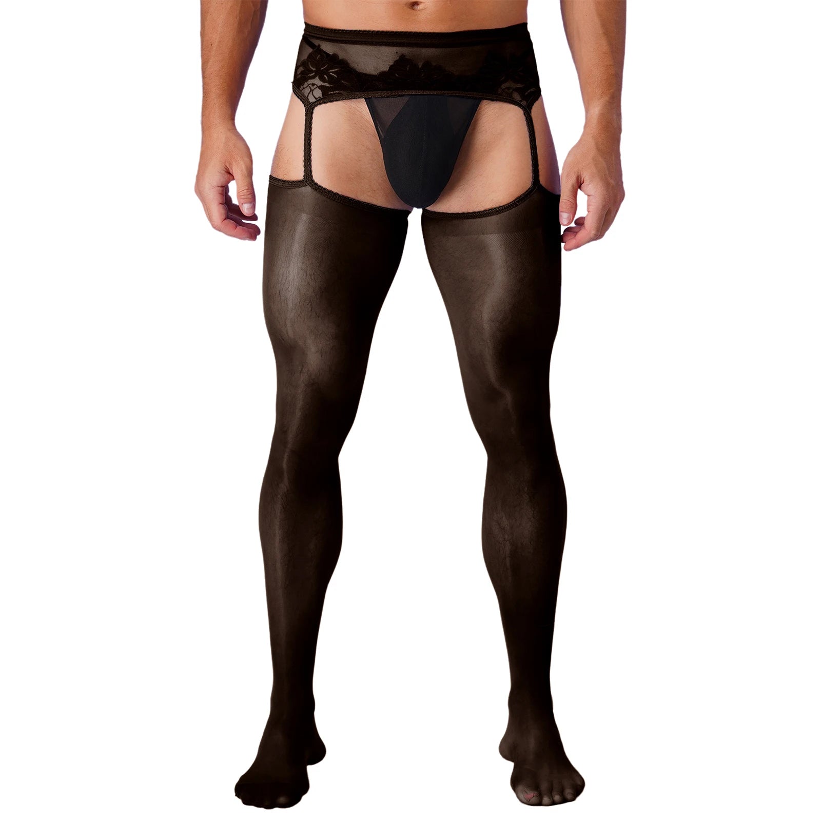 Lingerie Mens Ultra Thin Mesh Leggings Gays Pantyhose Floral Lace See Through Underpants Garter Stockings for Night Dating Wear