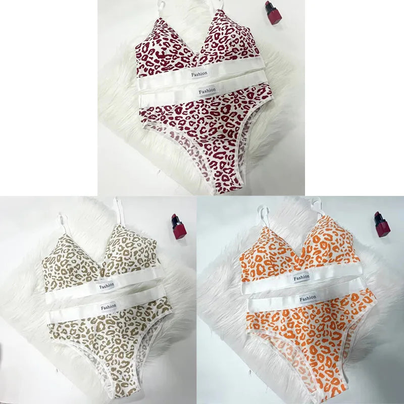 1/2/3/4Set Women Seamless Bra Set Low Waist Panties Leopard Bralette Sexy Vneck Sport Brassiere Female Cotton Underwear Set