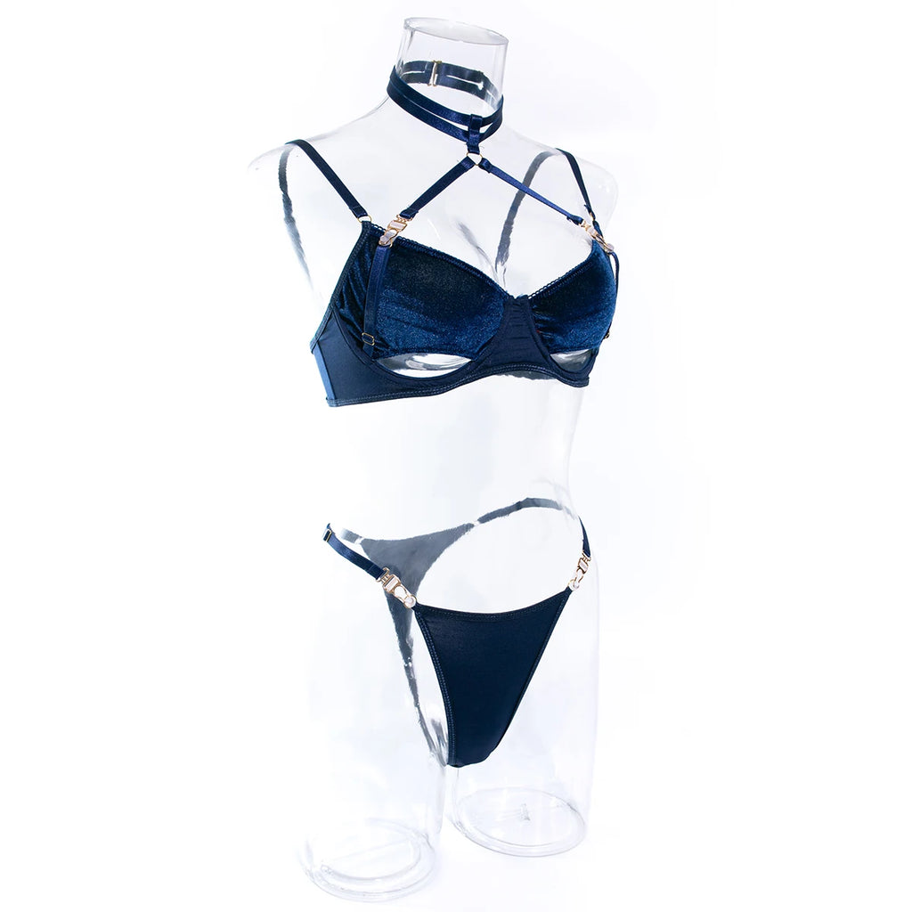 Cut Out Bra Set Women 2-piece Halter Bra + Brief Underwear Set 4 Color Velvet Sexy Intimates