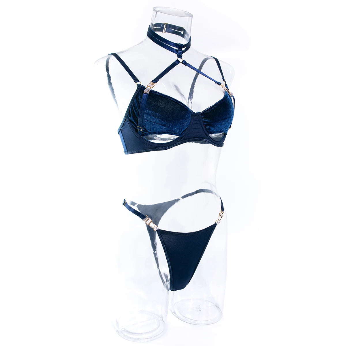 Cut Out Bra Set Women 2-piece Halter Bra + Brief Underwear Set 4 Color Velvet Sexy Intimates
