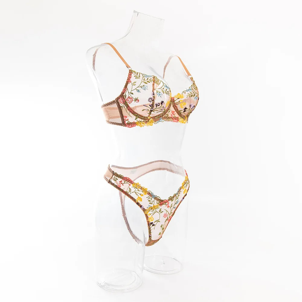 Bra Set Floral two-piece set with perspective Women sets underwear without censorship Fantasy clothing sexy lingere outfit xxx