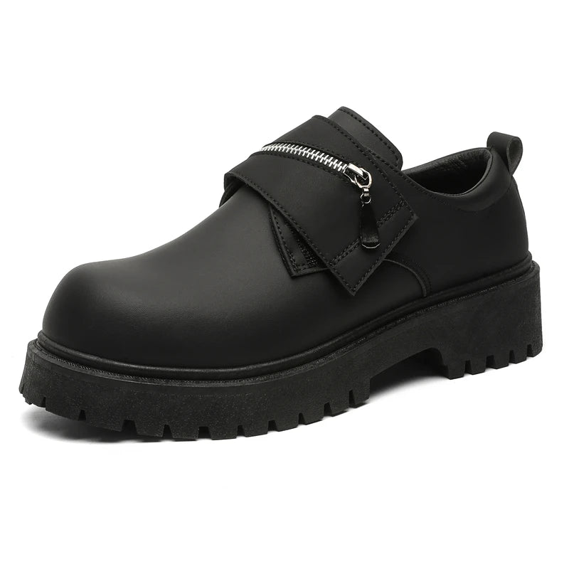 Men's Leather Shoes:Chunky-Soled Zipper Derby Shoes-Style Wide-Toe Casual Loafers#Business British Formal Luxury Black Driving46