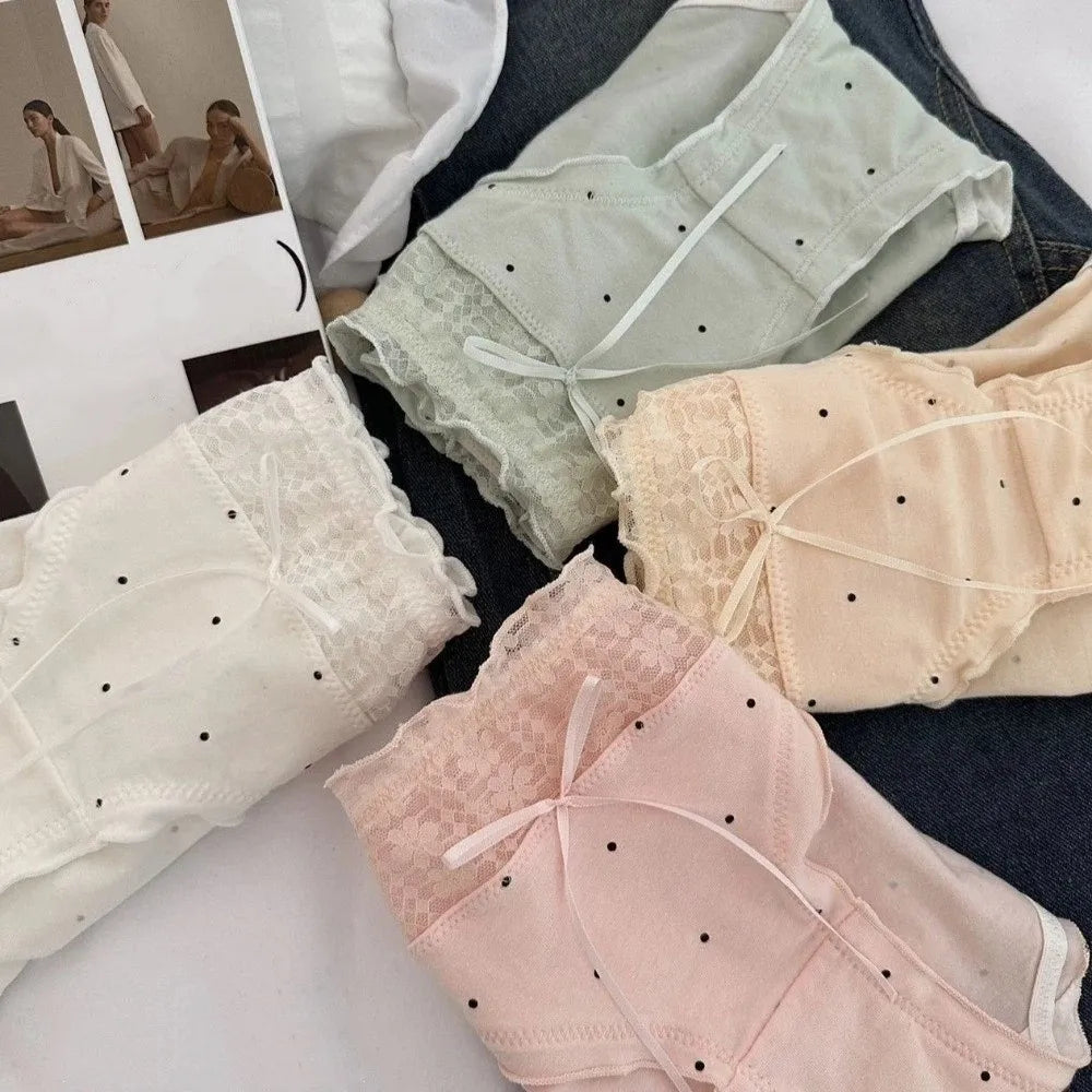 Lingerie Mid-waist Underwear Women Ruffle Patchwork Cotton Bow Briefs Dots Underpants Sweet Panties Summer