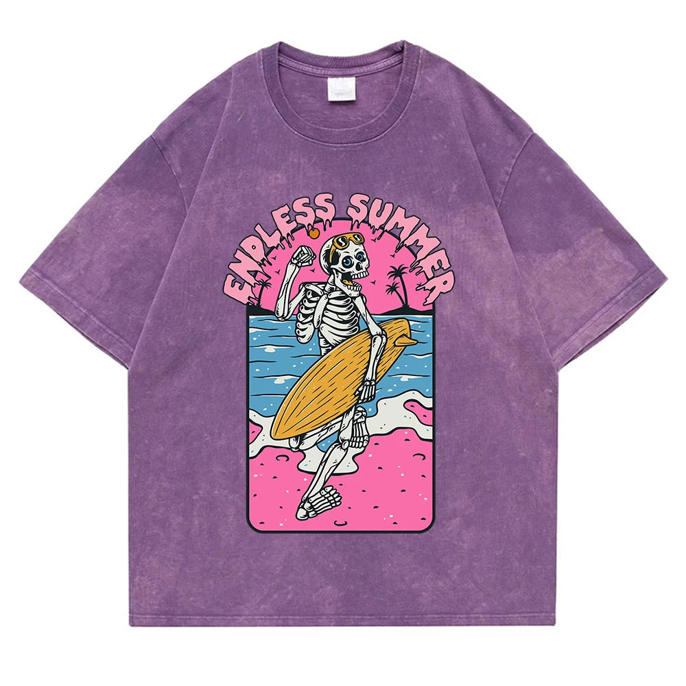 Endless Summer Skeleton Surfing 
Washed Retro Snow Clothing Men Quality T-Shirt Summer Cotton T-Shirts Hip Hop Street Loose Tops