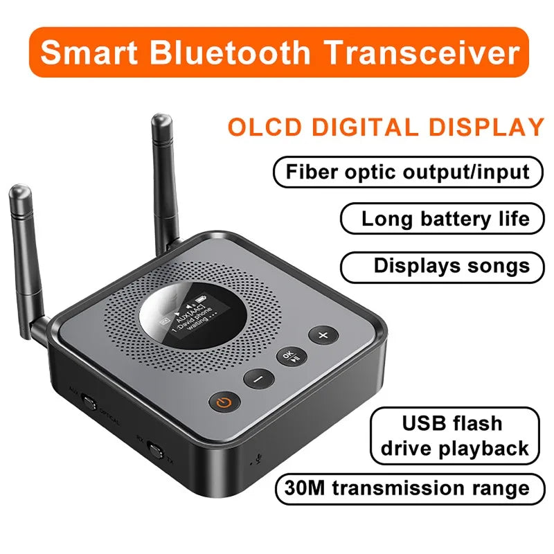 Bluetooth 6.0/5.2 Audio Receiver Transmitter with OLCD Digital Display USB Flash Drive & Wireless Music Playback Optical Output
