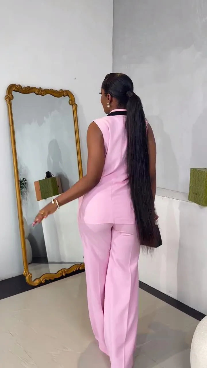 Pants Set Women Two Piece Sets Matching Sets Work Elegant Double Breasted Tops Vest Wide Leg Long Pants High Waist Y2k Pink