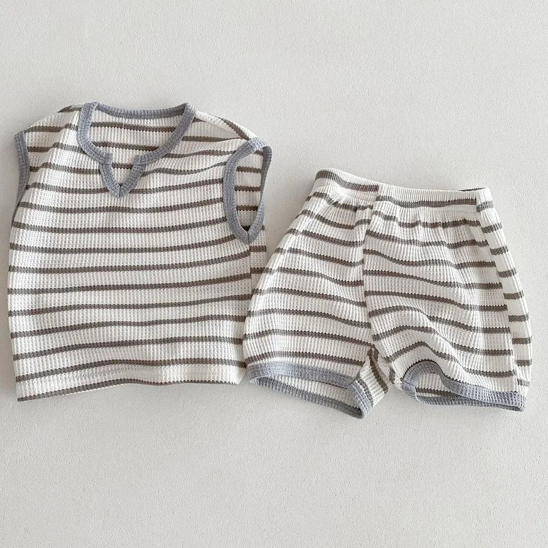 Summer baby clothes 0-5T solid color boys striped sleeveless T-shirt shorts set breathable girls vest short sleeved shorts set