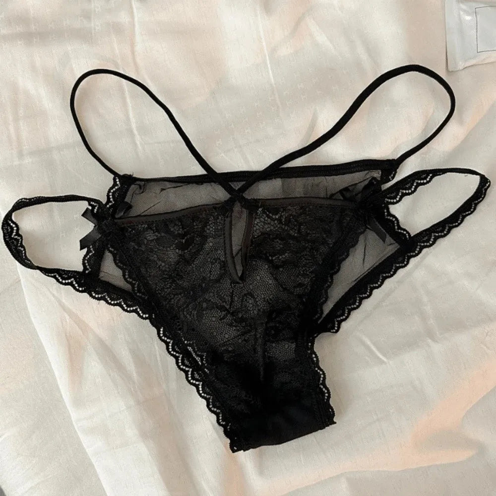Lingerie Bow Lace Flower Panties Transparent Hollow Lace Mesh Briefs Low Waist Thin Strap Women Underwear Girl