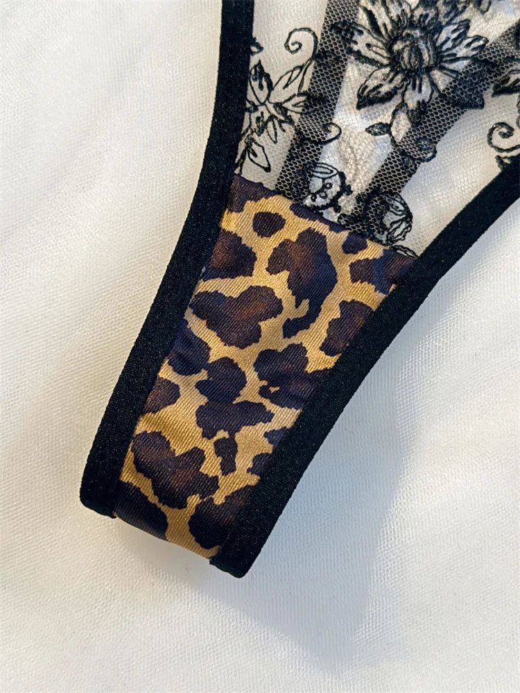 Lingerie Sexy Hot Female Lace Underwear Transparent Bra Panty Set Three-point Underwear Pure Desire Leopard Print Lingerie Set