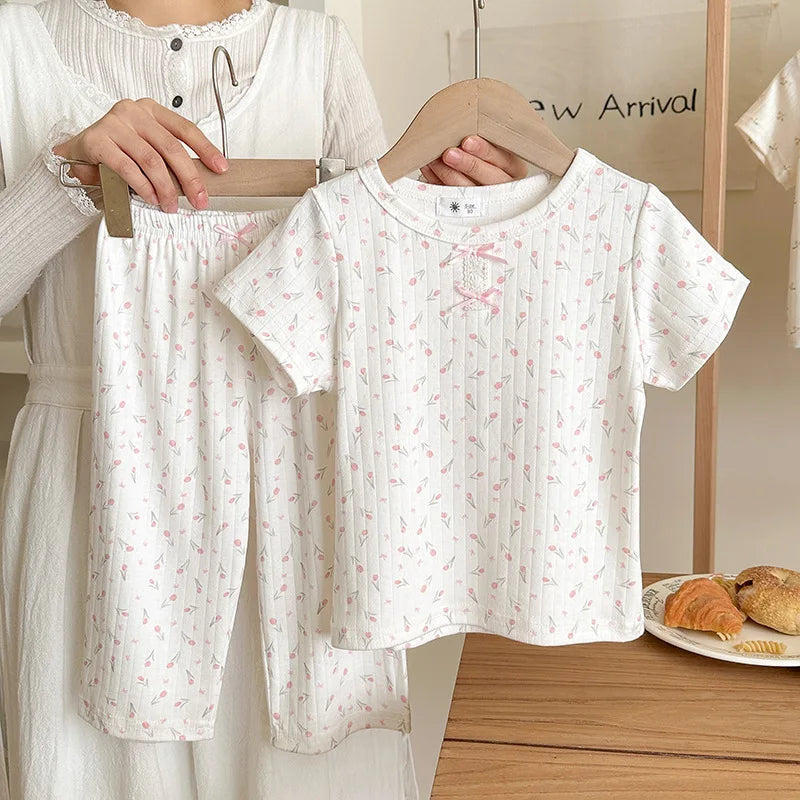 Summer New Girl's Clothes Korean Version Floral Short Sleeve T-shirt+Long Pants Home Wear Two Pieces Set Breathable Clothes
