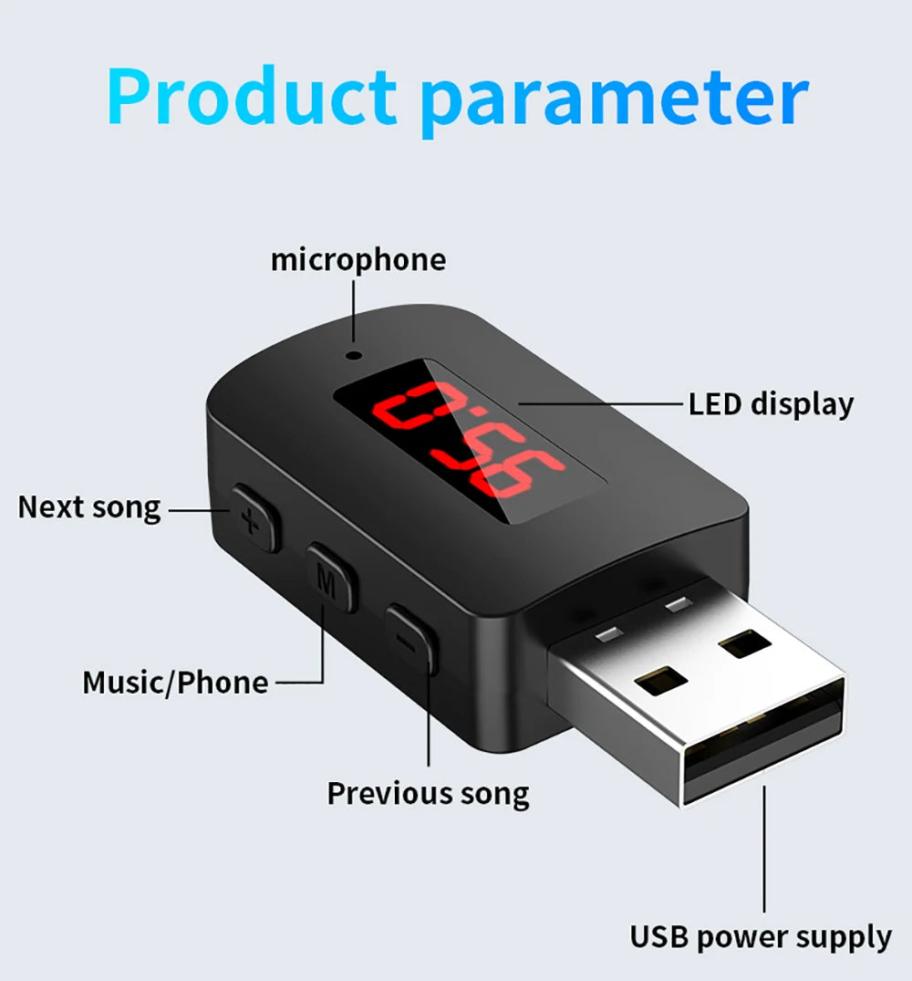 USB Bluetooth 5.3 5.4 Adapter USB Dongle Wireless Music Audio Receiver Transmitter Handsfree Call With Mic LED Display For Car