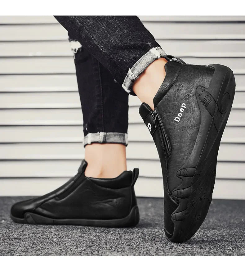 Men's Leather Shoes Ankle Boots Casual Leather Loafers Zipper Comfortable Formal Flat Solid Color White Shoes Driving Moccasins