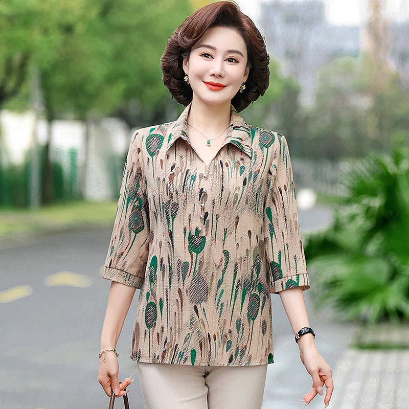 Summer Plus Size Shirt For Women's 2025 Printed Loose Top Mulberry Silk Blended Vacation Work Women's Clothing