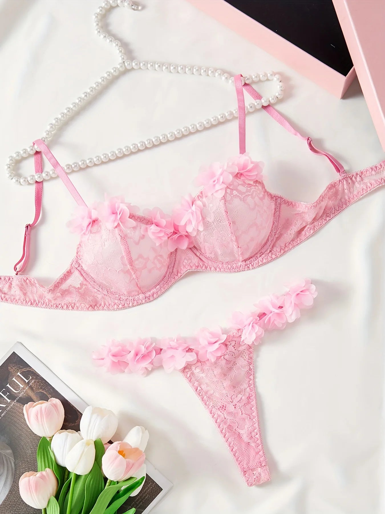 Lingerie Set 2PC Lace Bralette Garter Belt Thong Pure Sexy Underwear Women Sheer Floral Embroidery Bra Panty Set Pink Red Outfit