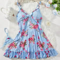 Women's Underwear Sexy Bra and Panties Sets Lace Ruffle Trim Lingerie Set Deep V Slip Dress Thongs Plus Size Floral Bow Bra Sets
