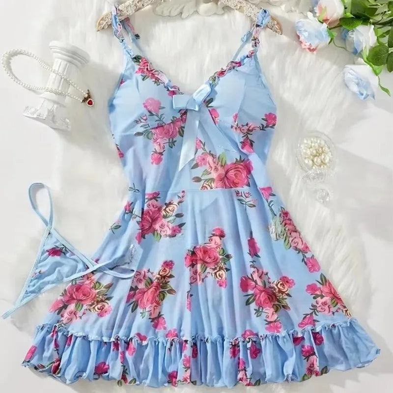 Women's Underwear Sexy Bra and Panties Sets Lace Ruffle Trim Lingerie Set Deep V Slip Dress Thongs Plus Size Floral Bow Bra Sets
