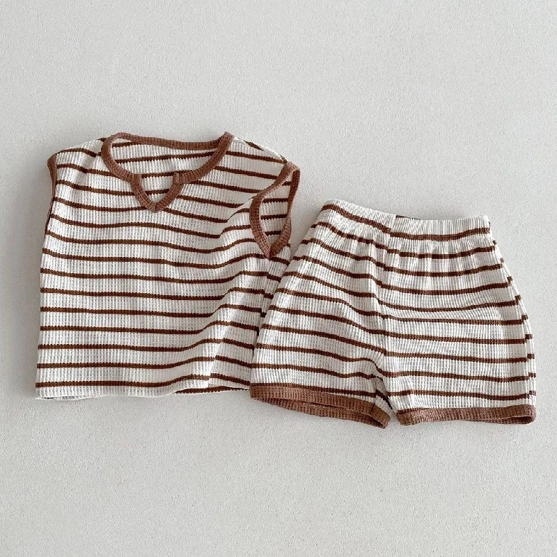 Summer baby clothes 0-5T solid color boys striped sleeveless T-shirt shorts set breathable girls vest short sleeved shorts set