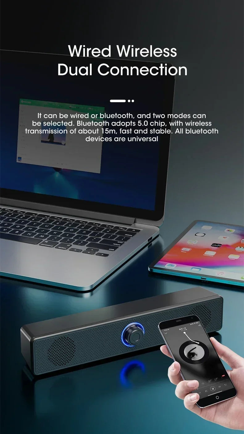 Bluetooth Computer Soundbar Speaker With Dual Speakers Powerful Bass Wired/Wireless Connection For PC Laptop Desktop