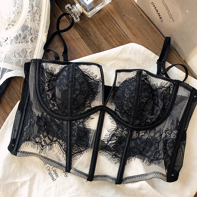 Sexy fishbone vest bra panty set eyelashes lace perspective soft steel ring anti-sagging underwear women bralette