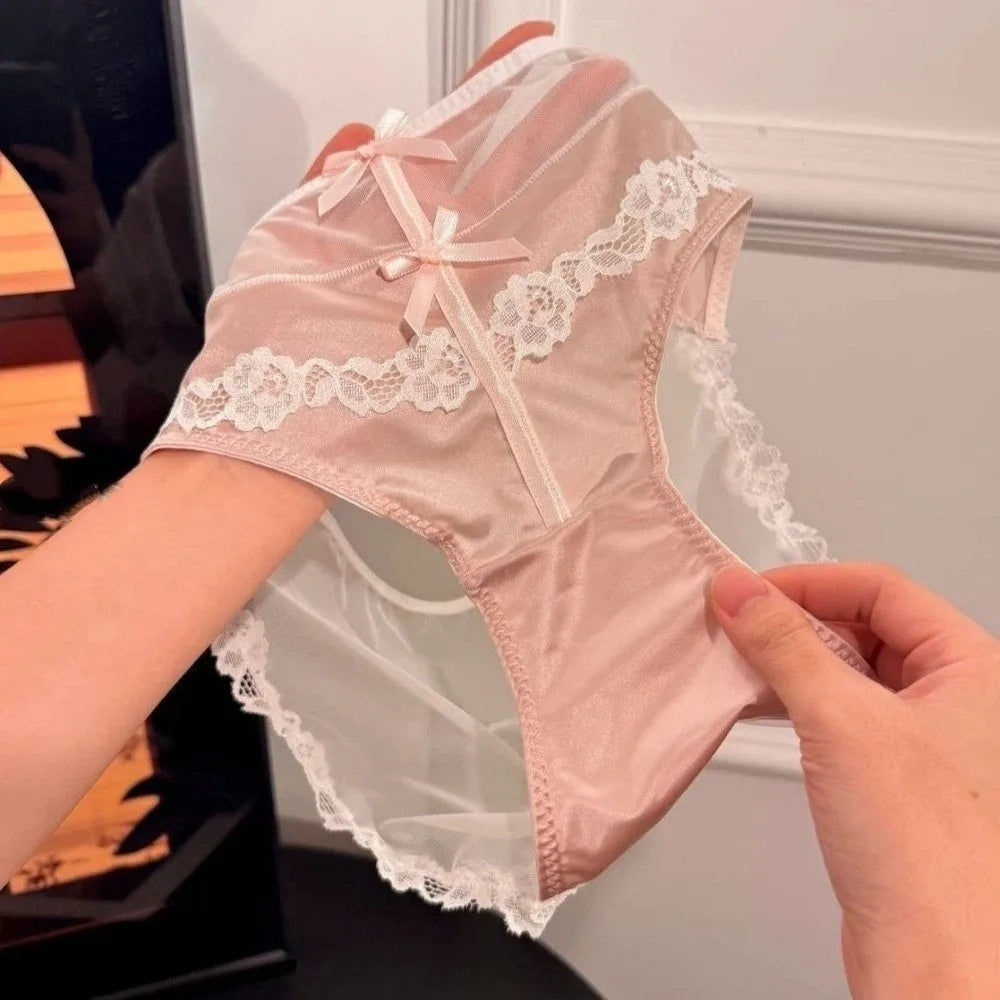 Lingerie Bow Lace Flower Panties Seamless Transparent Underwear for Women Patchwork Mid Waist Mesh Lace Briefs Girl