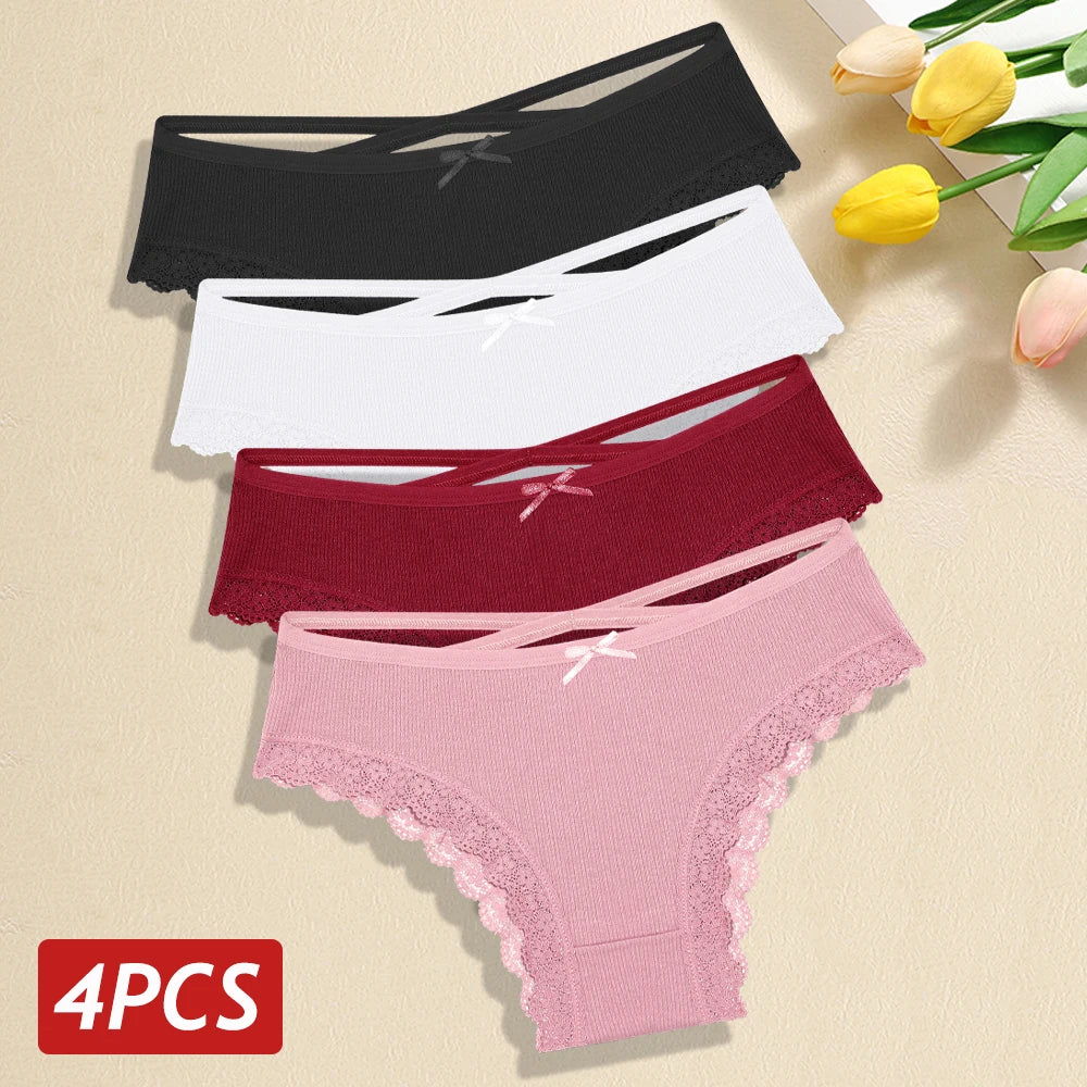 4PCS/Set Women Cotton Panties Sexy Lace Braizlian Panties Low Rise Hollow Out Underwear for Female Cute Bow Breathable Lingerie