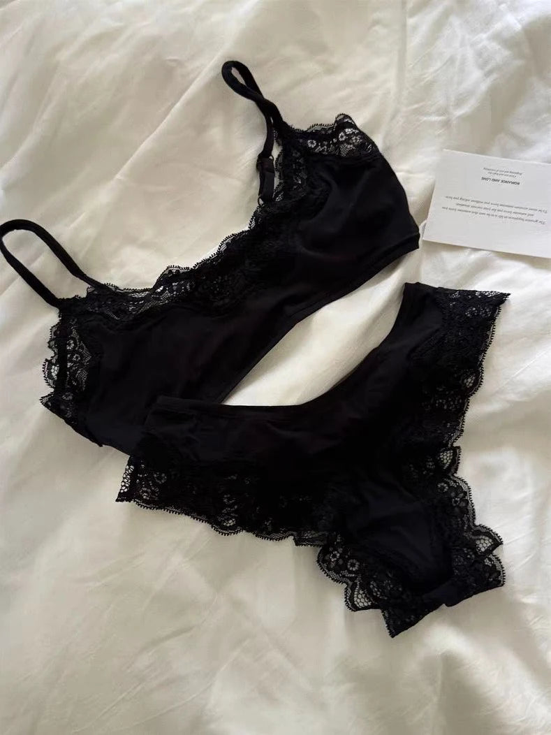 Lace Bra Set Woman Adjusted-strap Seamless Bras+Low Waist Panties Female Casual Simple Solid High Elasticity Lingerie Sets