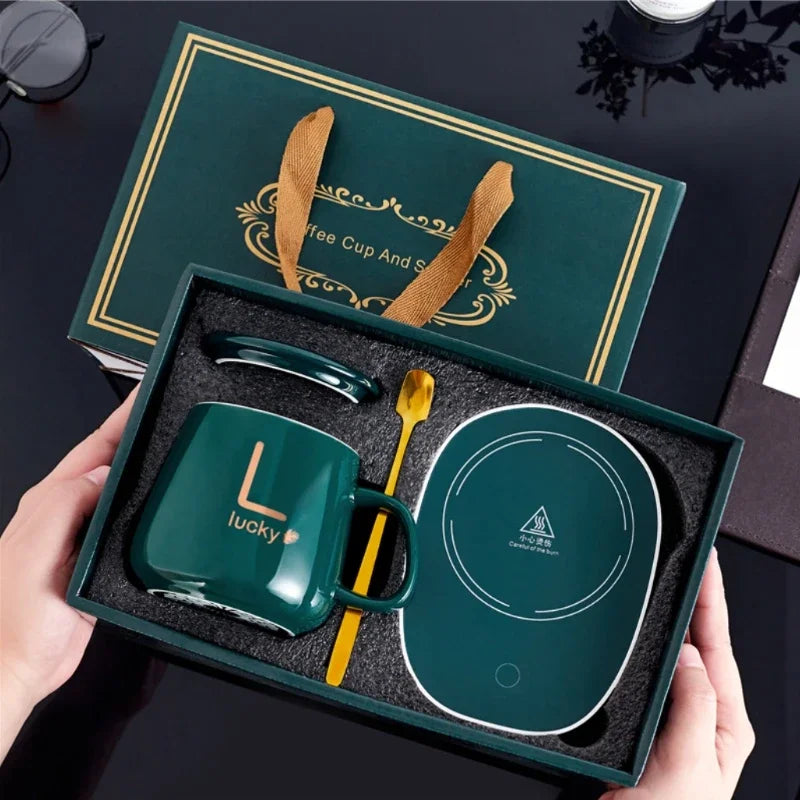 Portable USB Rechargeable Heating Cup 55℃ Thermal Ceramic Mug with Stainless Steel Spoon Gift Set for Travel Office Gift