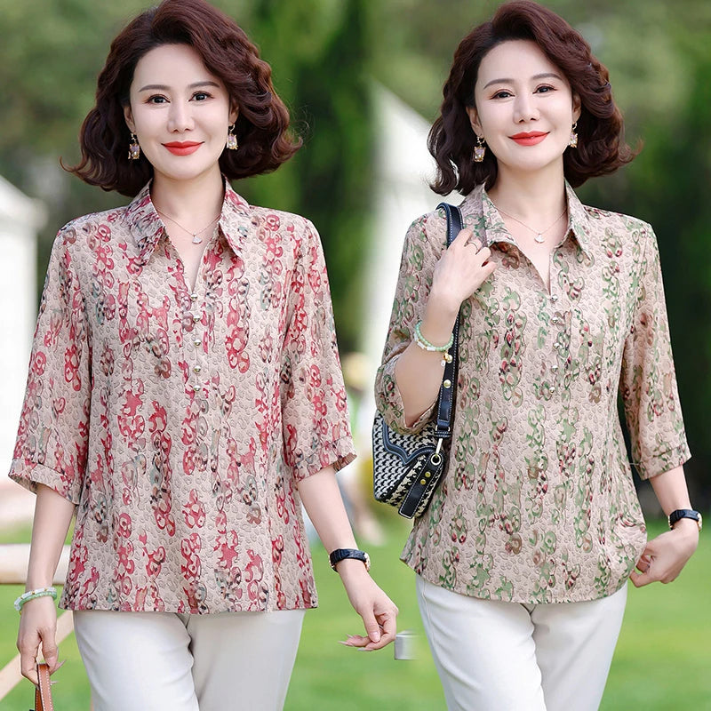 Summer Plus Size Shirt For Women's 2025 Printed Loose Top Mulberry Silk Blended Vacation Work Women's Clothing