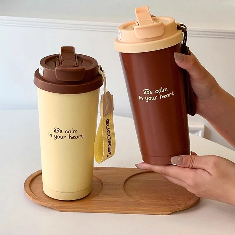 Luxury Thermal Coffee Cups Ceramic Tumbler Portable Water Bottle With Straw Stainless Steel Tea Thermos Bottle Women Men Gift