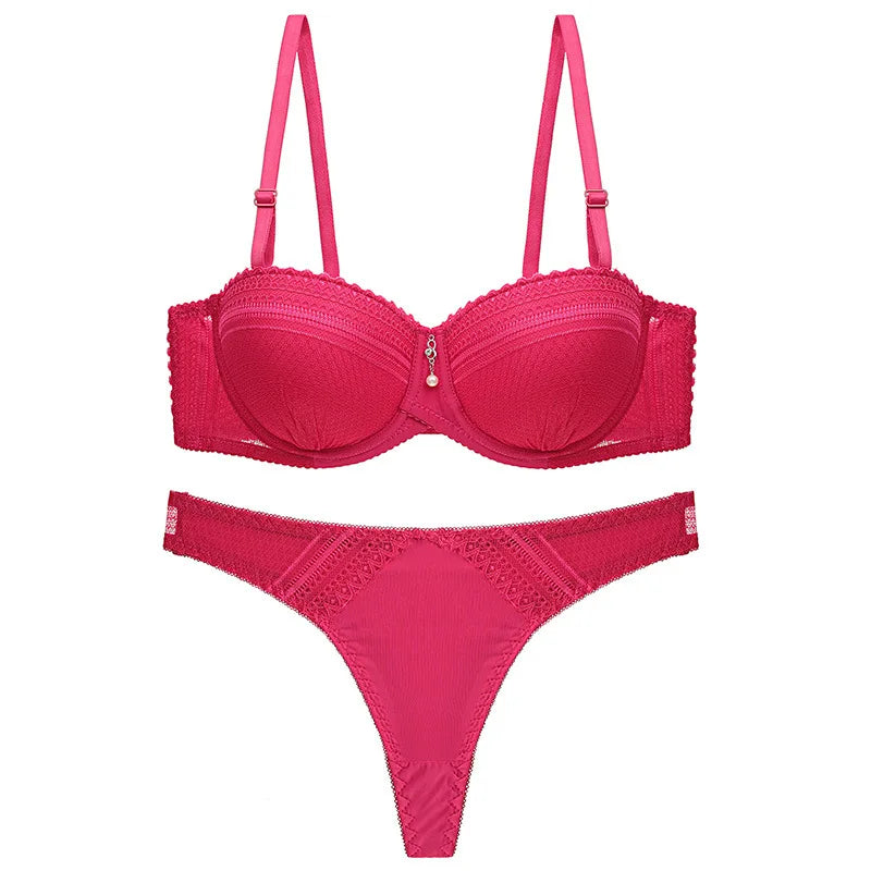 Plus Size Bras Set Women Thong 1/2 Cup Brassiere Panty Adjustable straps Push Up Soild Color Underwear Underwired Lingerie Sets