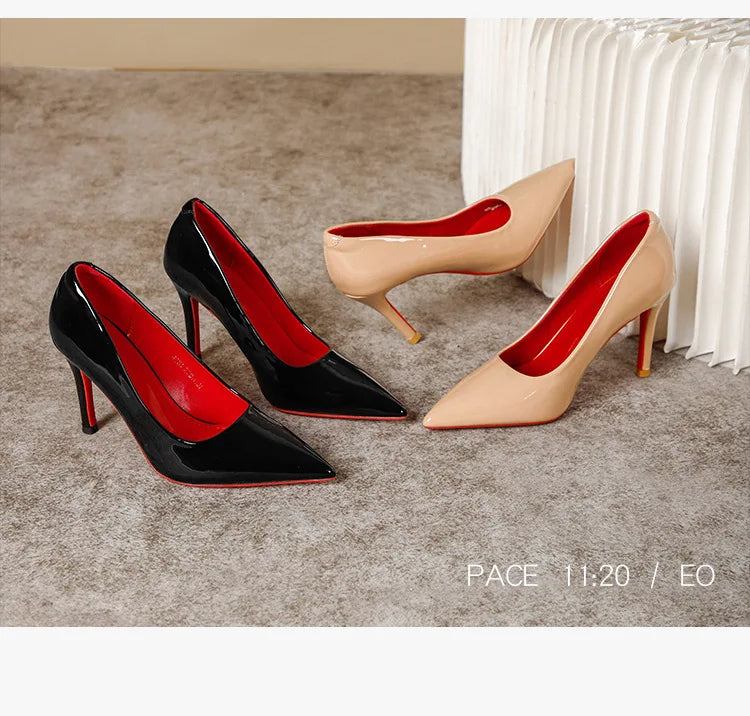 Sexy Nude High Heels Red Sole Women's Shoes Fashionable Thin Heel Single Shoes for Women Super Fibre Leather Inner Material