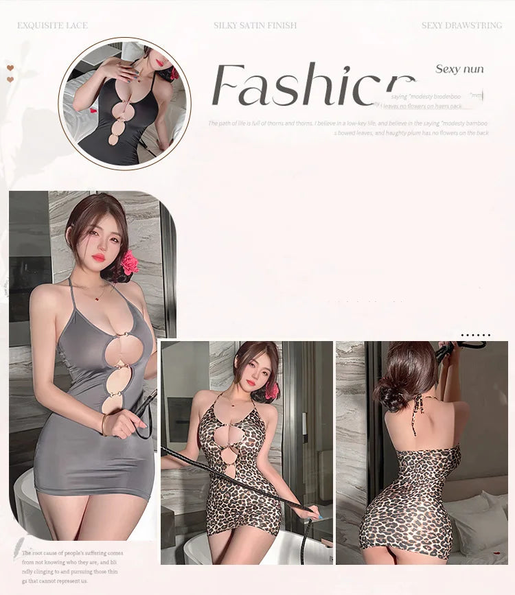 Lingerie dress Tight hollowed out smooth leopard print wrap skirt Womens dresses Woman clothing Winter one-piece dress Sex shop