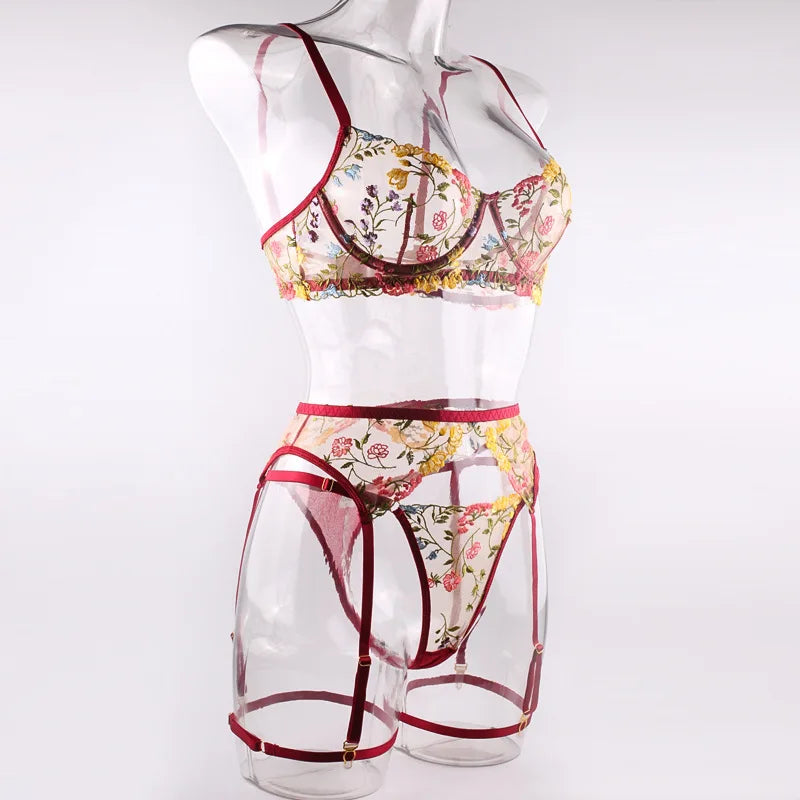 Lingerie Set Sensual Lace Underwear Transparent Embroidery 3 Pcs Garters Fancy Beautiful Short Skin Care Kits Intimate Bra Set