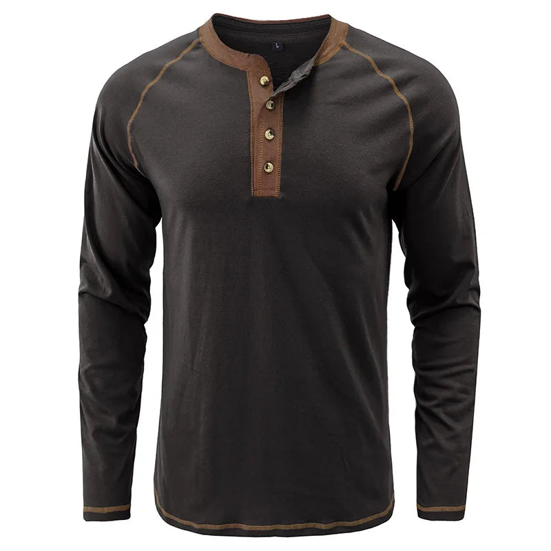 Summer  Autumn Men's American Heavy Cotton Henry Shirt  Long Sleeve Fitness Tough Guy T-Shirt Casual  T Shirt for Men Clothing