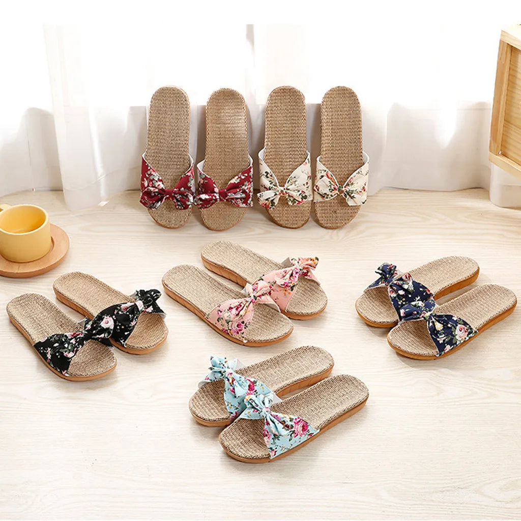 Shoes For Woman Sandalias Mujer Women Female Bowknot Flax Linen Flip Flops Beach Shoes Sandals Slipper Chaussures Femme