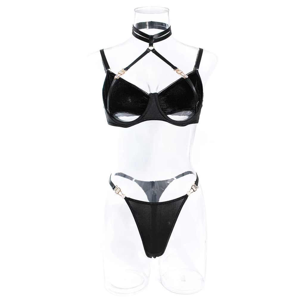 Cut Out Bra Set Women 2-piece Halter Bra + Brief Underwear Set 4 Color Velvet Sexy Intimates