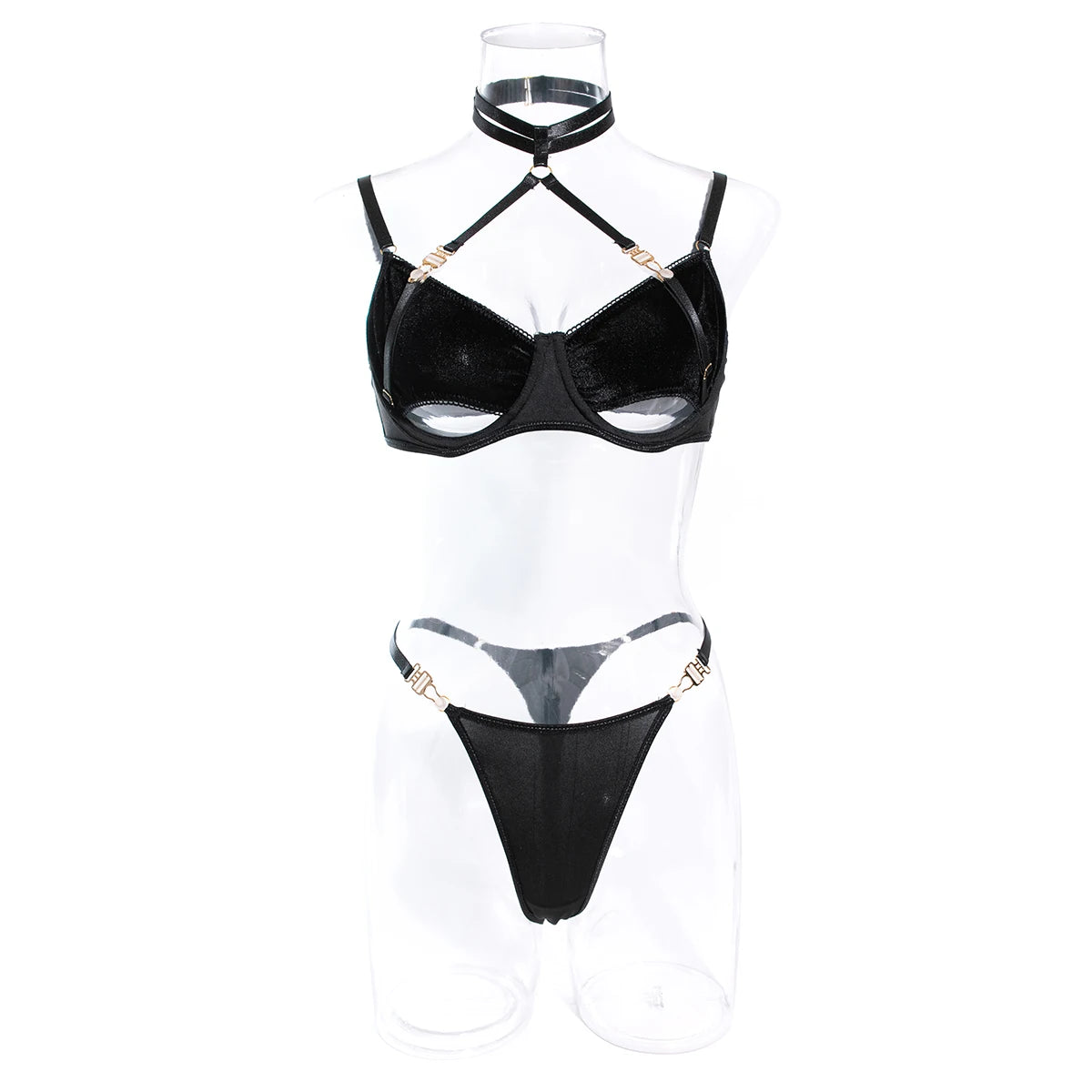 Cut Out Bra Set Women 2-piece Halter Bra + Brief Underwear Set 4 Color Velvet Sexy Intimates