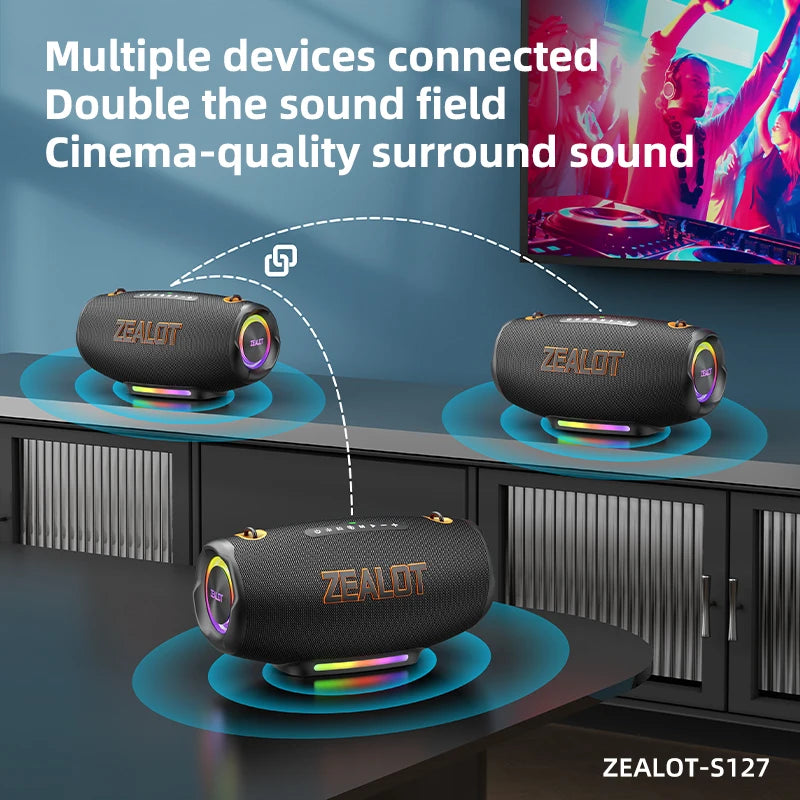 ZEALOT S127 100W Portable Wireless Speaker with Strap, Deep Bass Loud Speaker Waterproof for Outdoor Supports AUX/TF/USB/EQ/TWS
