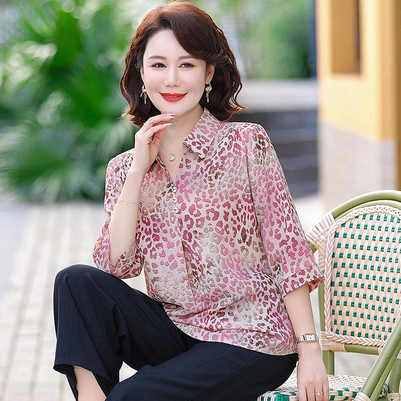 Summer Plus Size Shirt For Women's 2025 Printed Loose Top Mulberry Silk Blended Vacation Work Women's Clothing