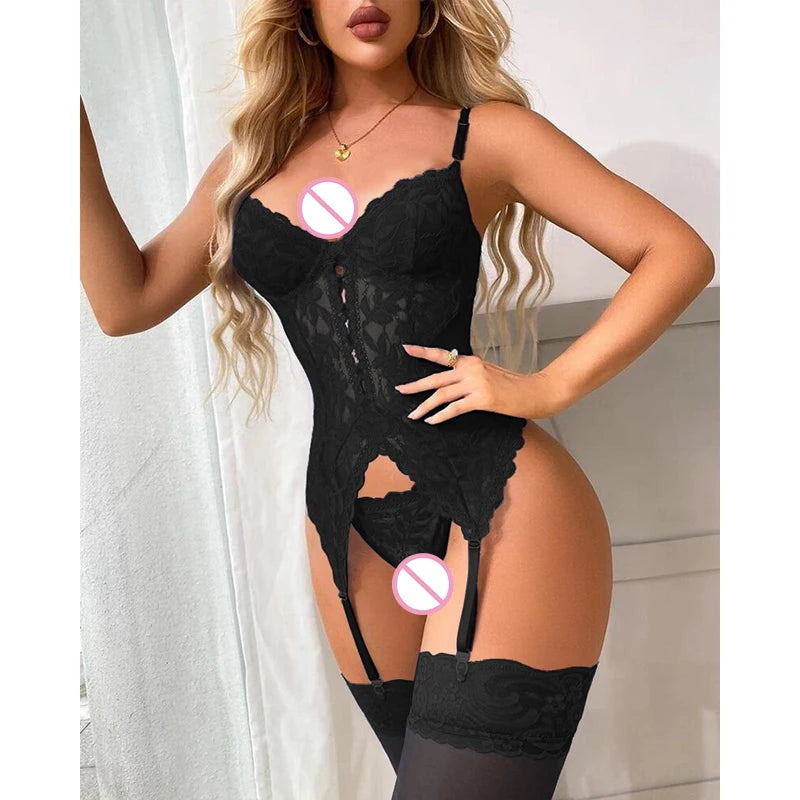 Lingerie Fancy Lace Underwear 3-Piece Transparent Spliced Bra And Panty Set Garter Intimate Women's Underwear Lingerie