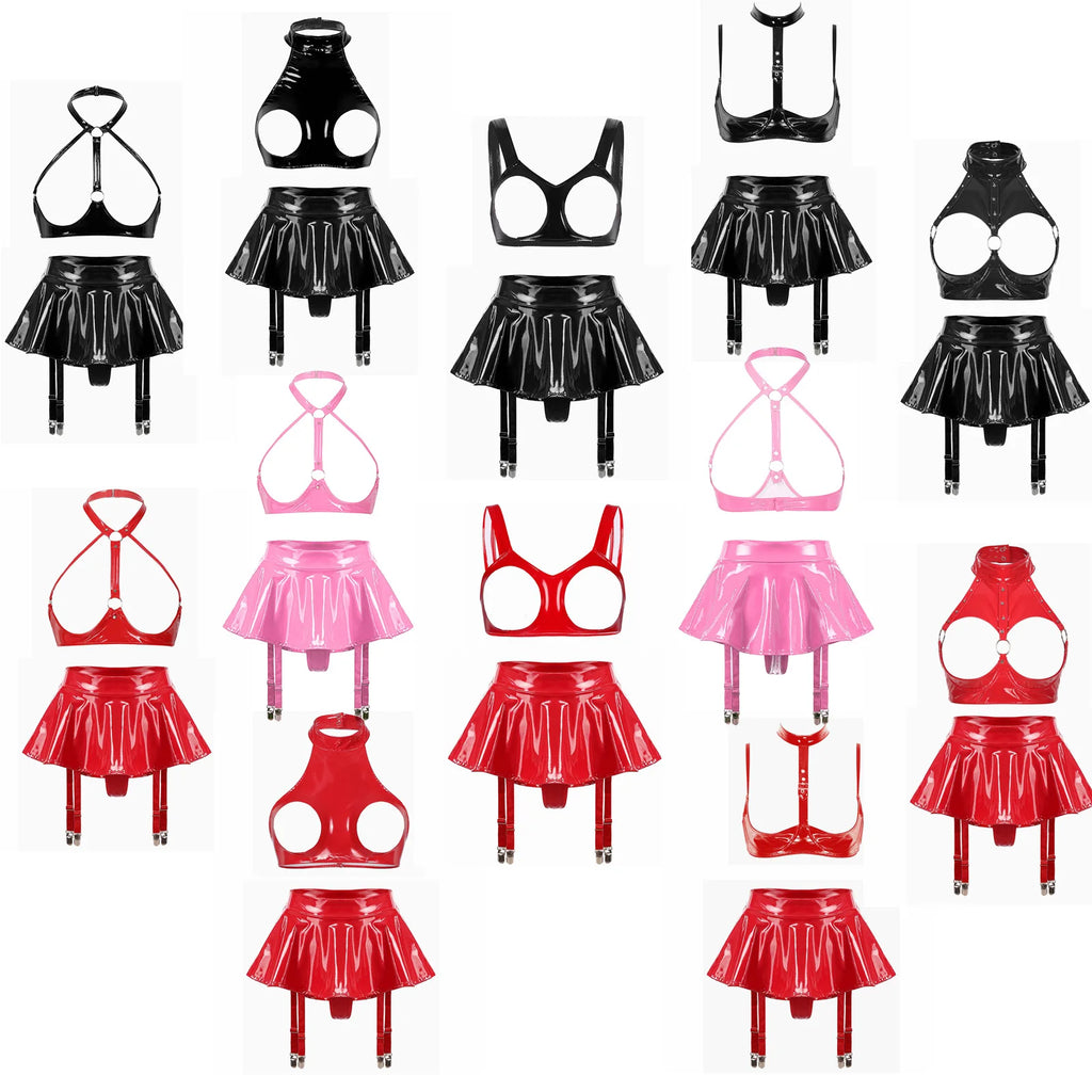 Lingerie Sexy Set Women Wetlook Patent Leather Wire-free Open Cup Sexy Bra with Ruffle Built-in Thongs Garter Belt Mini Skirts