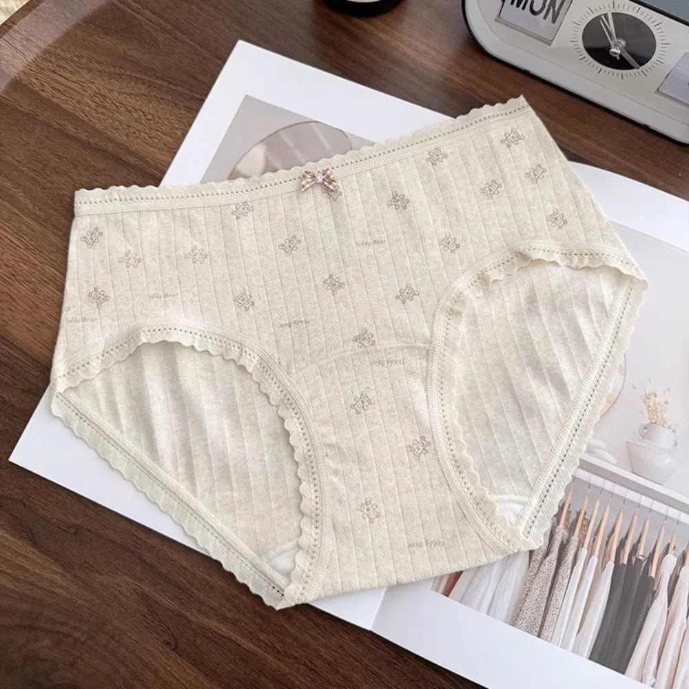 Lingerie Mid-waist Underwear for Women Bear Bow Sweet Floral Panties Underpants Grid Cotton Briefs Summer