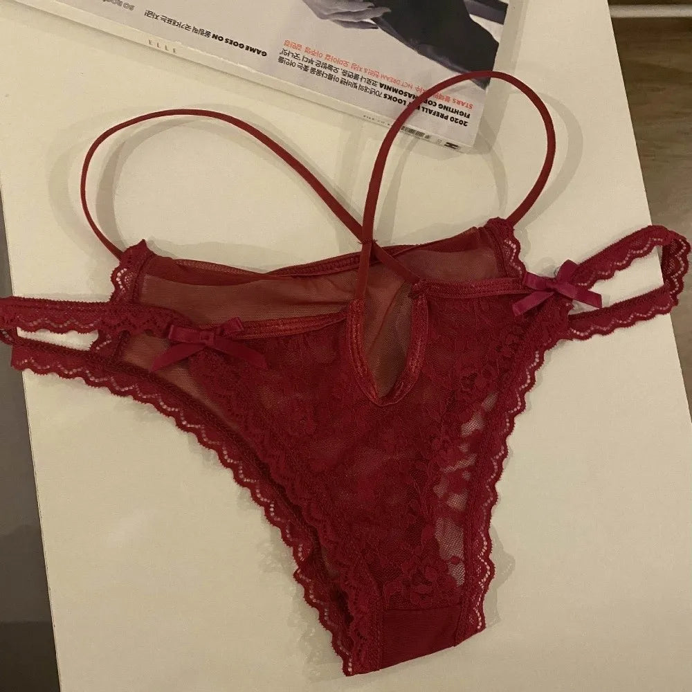 Lingerie Bow Lace Flower Panties Transparent Hollow Lace Mesh Briefs Low Waist Thin Strap Women Underwear Girl