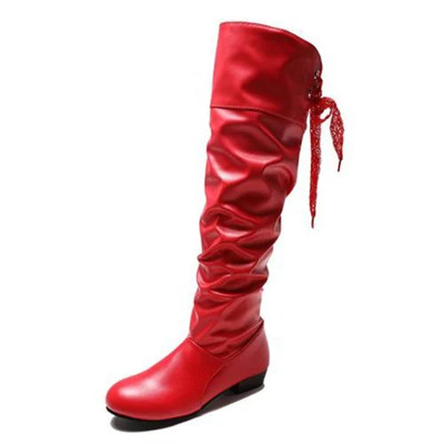 2024Shoes For Women  Knee High Boots Red Black White Tall Boots Woman Pleated Low Heel Casual Leather Female Long Shoes