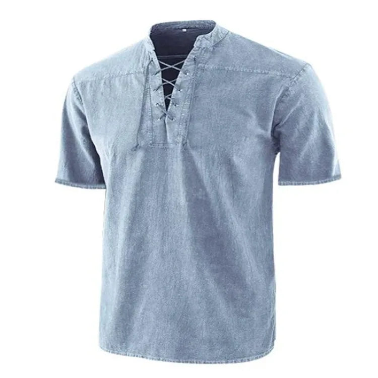 Summer T Shirt Men Stand Collar Front Lace Up Short Sleeve V Neck Slim T Shirt Streetwear for Daily Wear Casual Tops Tees S-5XL