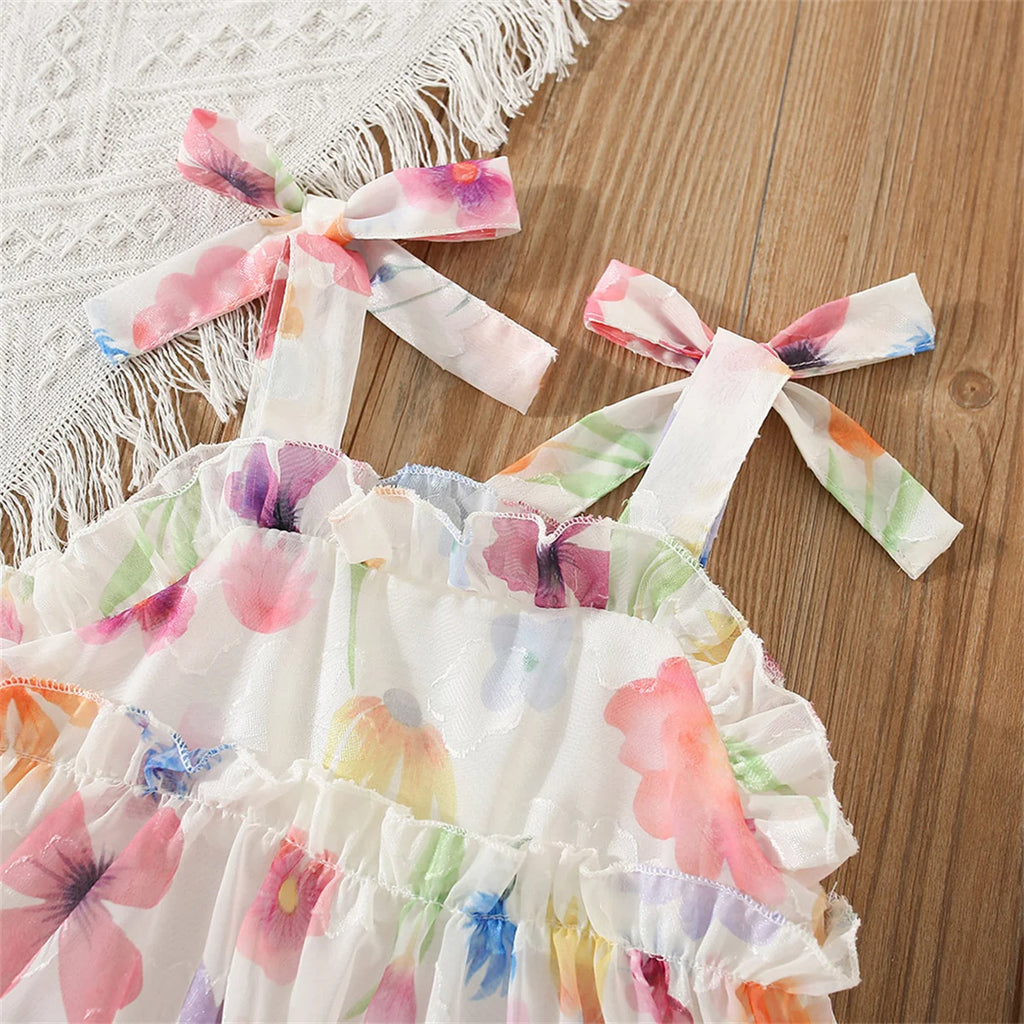 Summer Girls' Dress Strap Chiffon Cool Beach Skirt Beautiful Fragmented Flower Ladies Fashion Bow Sleeveless Skirt