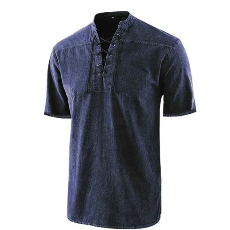 Summer T Shirt Men Stand Collar Front Lace Up Short Sleeve V Neck Slim T Shirt Streetwear for Daily Wear Casual Tops Tees S-5XL